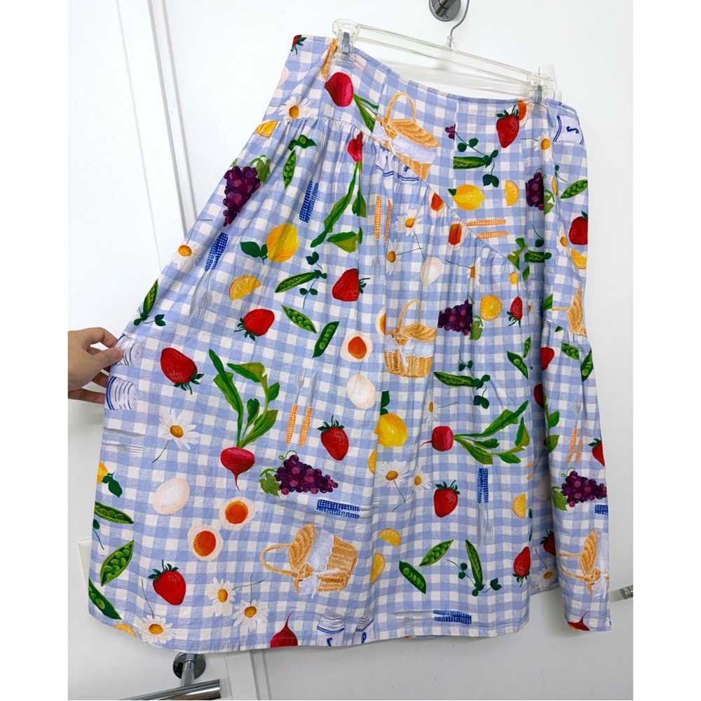Lisa Says Gah Maeve Picnic Alfresco Midi Skirt Food Vegetable Blue Gingham 2XL - Picture 5 of 15